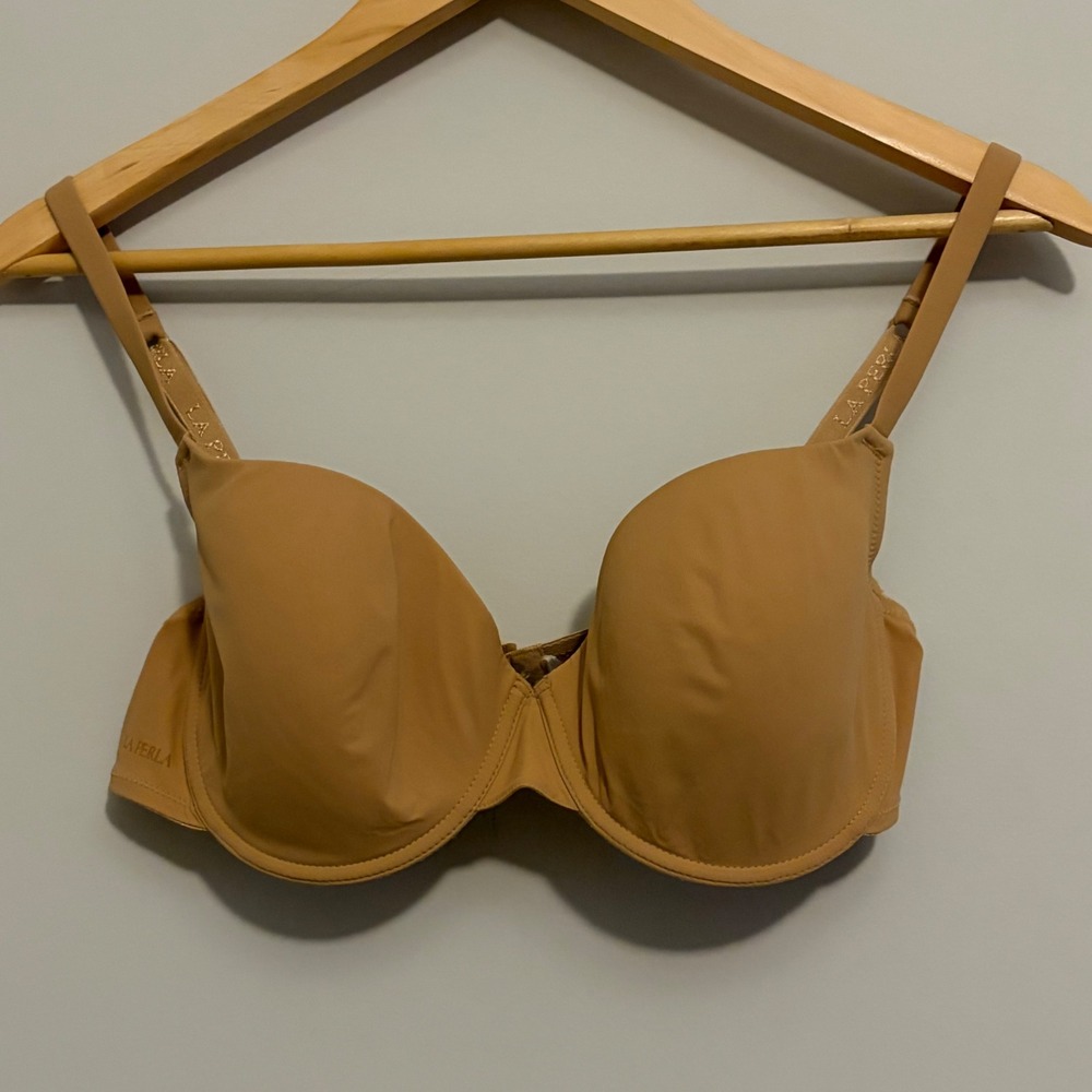 La Perla Nude Microfiber Underwire Bra Molded Cup Logo Strap Beige